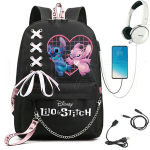 Stitch USB Charging Schoolbag Boys Girls School Backpack