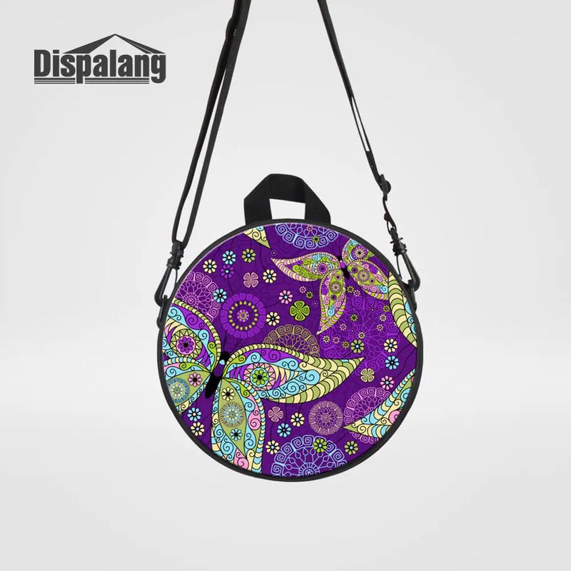 Round Backpacks For Girls Lady Flower Pattern Butterfly Print Crossbody Bag