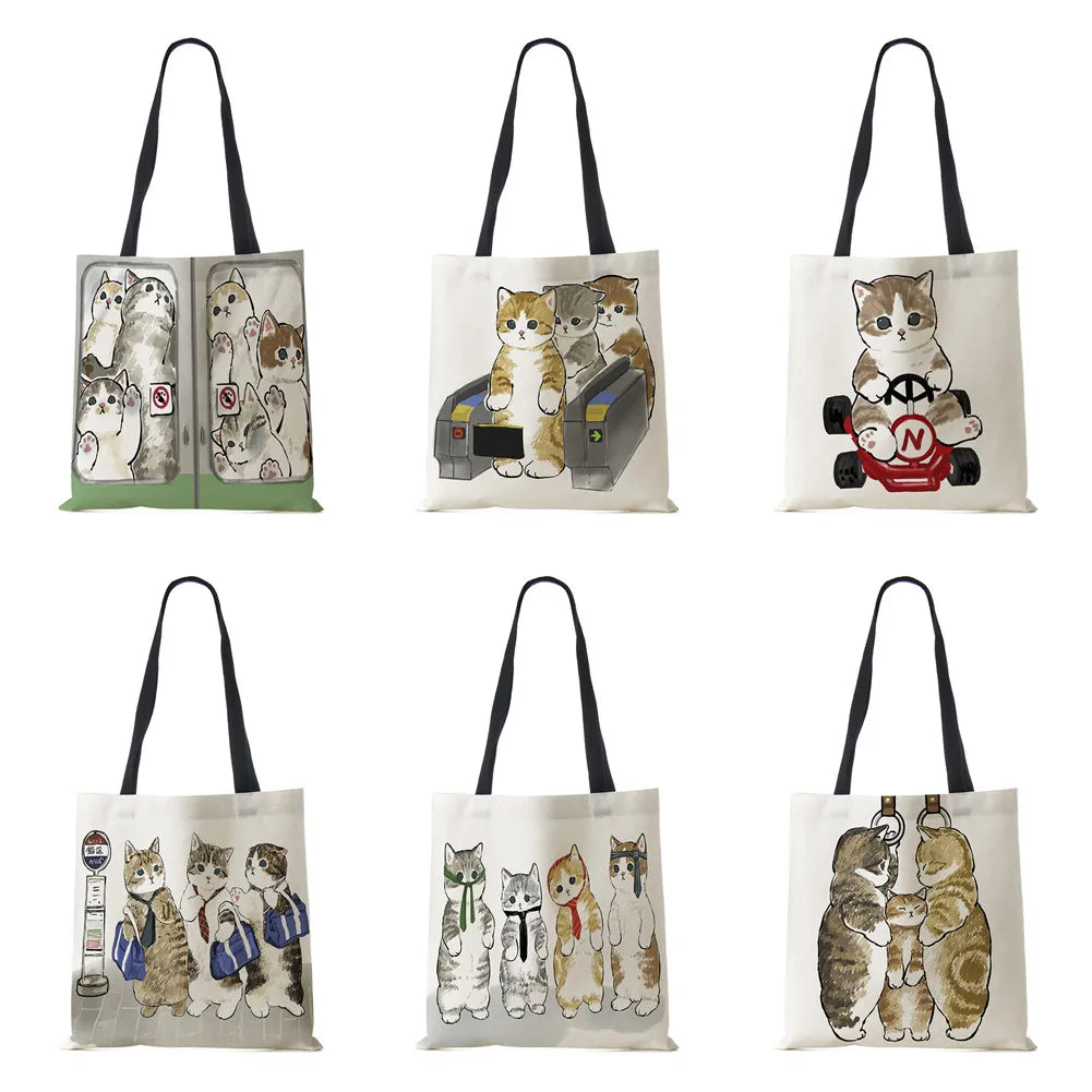 Dog Cartoon Shoulder Bag Vintage Women Reusable Canvas Tote Bag