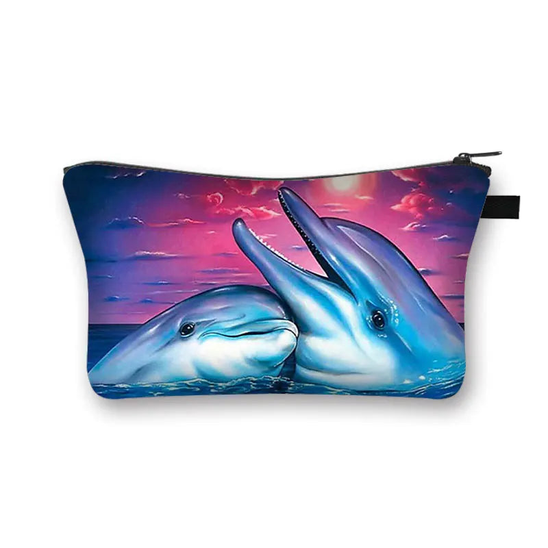 Dolphin Print Cosmetic Bag Mini Handbag Shark/Dolphin Travel Storage Bag