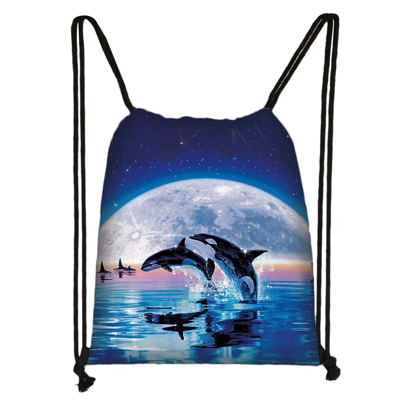 Dolphins Print Drawstring Bag Storage Bag Animal Backpack Travel Bags