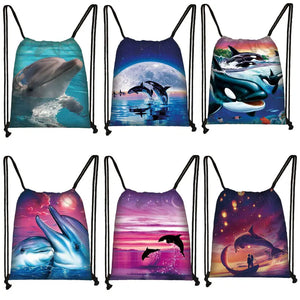 Dolphins Print Drawstring Bag Storage Bag Animal Backpack Travel Bags