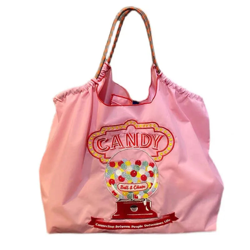 Donut Pattern Women Travel Tote Handbag Large Shopping Bags Cartoon Embroidery