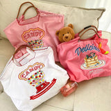 Donut Pattern Women Travel Tote Handbag Large Shopping Bags Cartoon Embroidery