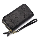 Women's Double Layer Leather Clutch Wallet Floral Embossed High Capacity Purse R