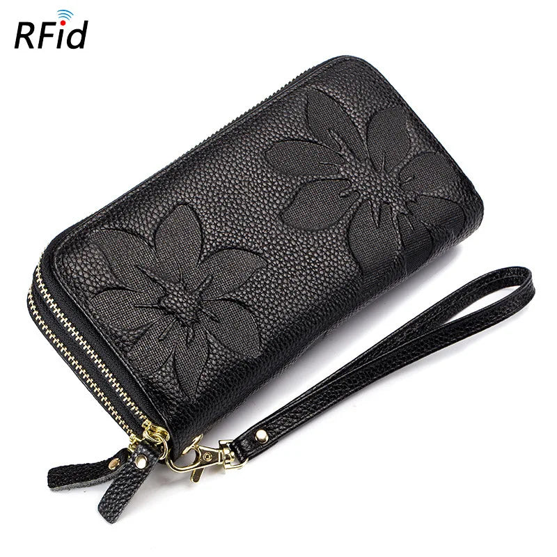 Women's Double Layer Leather Clutch Wallet Floral Embossed High Capacity Purse R