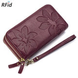 Women's Double Layer Leather Clutch Wallet Floral Embossed High Capacity Purse R