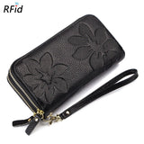 Women's Double Layer Leather Clutch Wallet Floral Embossed High Capacity Purse R