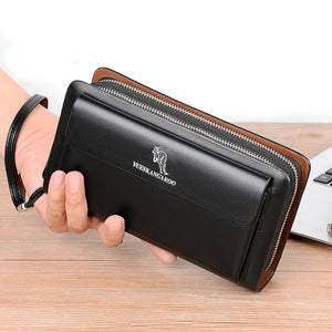 Double Zipper Men Clutch Bag Leather Long Purse Organizer Wallet