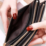 Double Zipper Wallet Women PU Leather Tassel Leaf Purse Clutch Bag