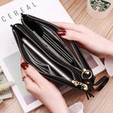 Double Zipper Wallet Women PU Leather Tassel Leaf Purse Clutch Bag