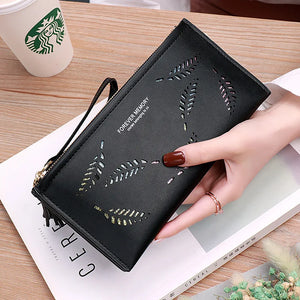Double Zipper Wallet Women PU Leather Tassel Leaf Purse Clutch Bag