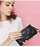 Double Zipper Wallet Women PU Leather Tassel Leaf Purse Clutch Bag