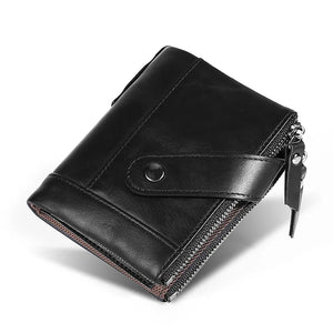Men's Leather Double Zipper Short Wallet Handheld Oil Wax Leather Wallet