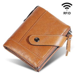 Men's Leather Double Zipper Short Wallet Handheld Oil Wax Leather Wallet