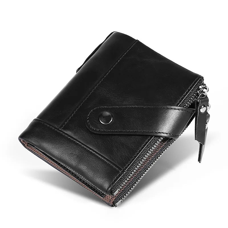 Men's Leather Double Zipper Short Wallet Handheld Oil Wax Leather Wallet