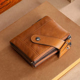 Men's Leather Double Zipper Short Wallet Handheld Oil Wax Leather Wallet