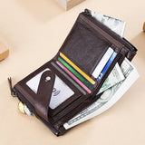 Men's Leather Double Zipper Short Wallet Handheld Oil Wax Leather Wallet