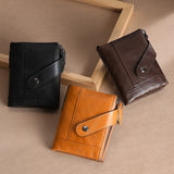 Men's Leather Double Zipper Short Wallet Handheld Oil Wax Leather Wallet