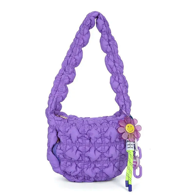 Women's Contrast Colors Shoulder Bag Pleated Underarm Handbag with Pendant