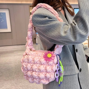 Women's Contrast Colors Shoulder Bag Pleated Underarm Handbag with Pendant