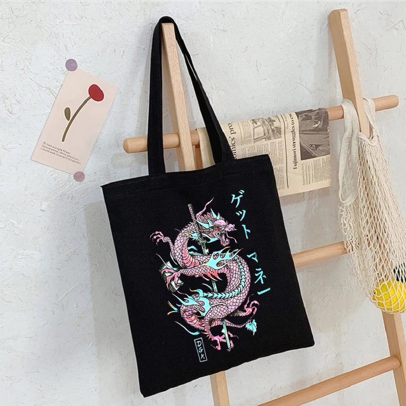 Dragon Anime Print Punk Canvas Bag Harajuku Shopper Women's Bag