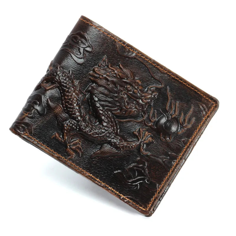 Dragon Pattern Leather Wallet Vintage Dollar Clip Cow Leather Purse