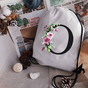 Alphabet Flower Print Drawstring Bag School Backpack Men Women