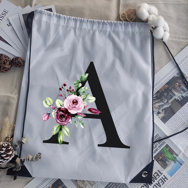 Alphabet Flower Print Drawstring Bag School Backpack Men Women