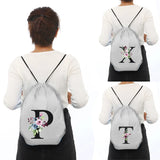 Alphabet Flower Print Drawstring Bag School Backpack Men Women