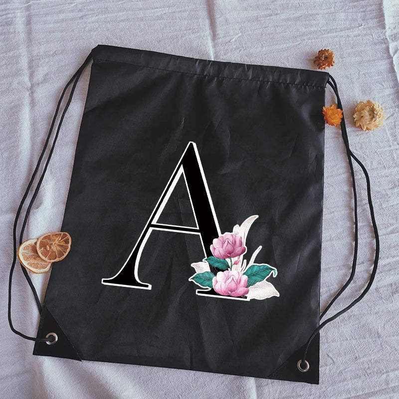 Alphabet Flower Print Drawstring Bag Women's Backpack