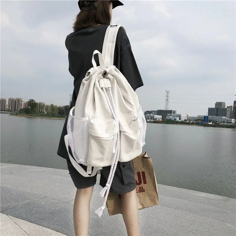 Canvas Drawstring Backpack Large Capacity Vintage Rucksack