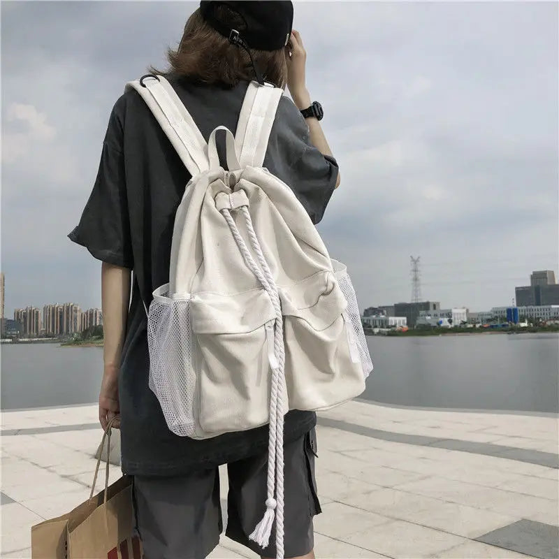 Canvas Drawstring Backpack Large Capacity Vintage Rucksack