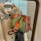 Small PU Leather Drawstring Bucket Bag Women Crossbody Shoulder Handbag