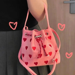 Pink Heart Embroidered Small Shoulder Bag Women Messenger Purse Handbags