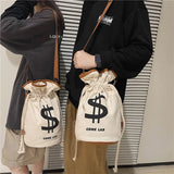Large Drawstring Canvas Backpack Funny Street Bucket Bag