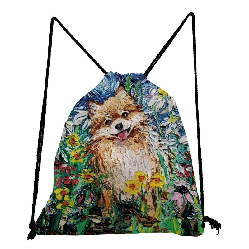 Drawstring Pocket Backpack for Women Starry Sky Oil Painting Dog Printed