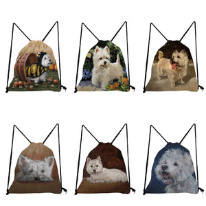 Drawstring Pocket Westie Dog Painting Backpack Students Animal Storage Shoes Bag