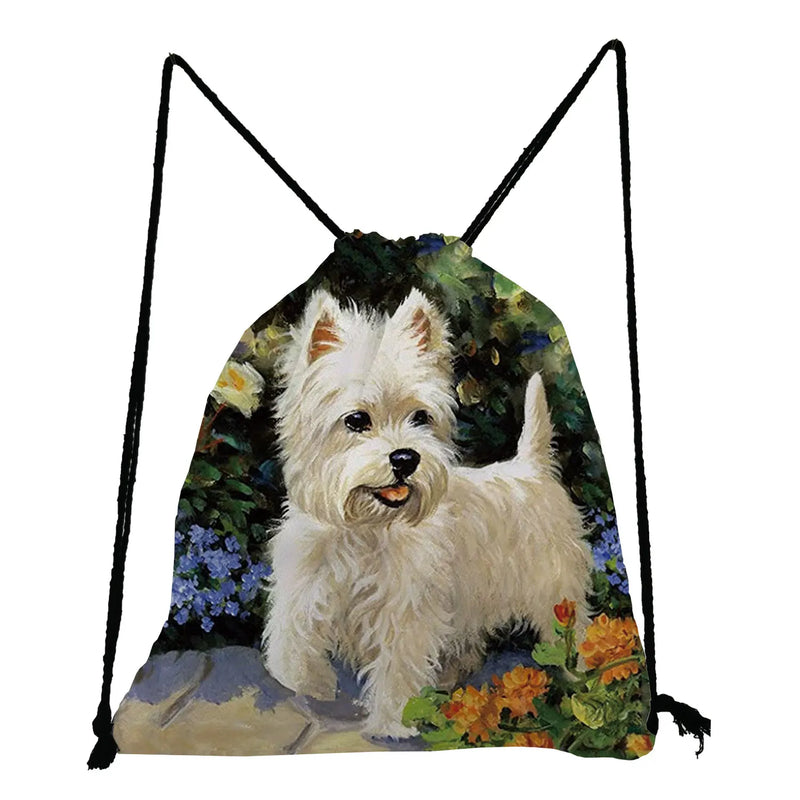Drawstring Pocket Westie Dog Painting Backpack Students Animal Storage Shoes Bag