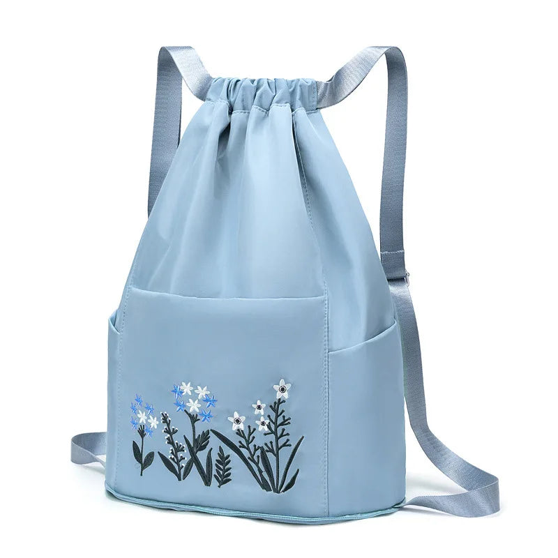 Embroidery Drawstring Women Backpack Foldable Large Capacity School Bag