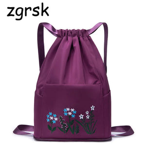 Embroidery Drawstring Women Backpack Foldable Large Capacity School Bag