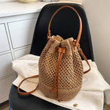 Women's Straw Bucket Bag Summer Woven Shoulder Bags Purse