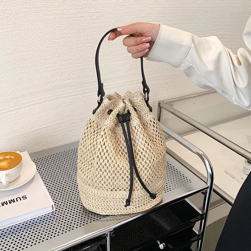 Women's Straw Bucket Bag Summer Woven Shoulder Bags Purse