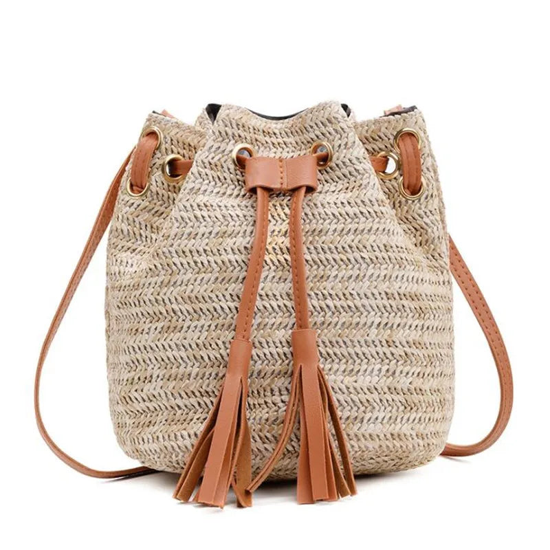 Straw Bucket Bag Women's Woven Shoulder Beach Handbag
