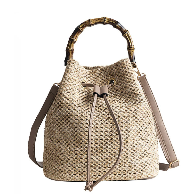 Women's Straw Bucket Bag Woven Shoulder Bags Beach Handbag