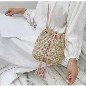 Straw Bucket Bag Women's Woven Shoulder Beach Handbag