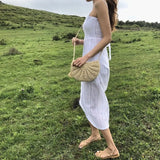 Straw Crossbody Half Moon Beach Bag Woven Rattan Handbag