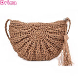 Straw Crossbody Half Moon Beach Bag Woven Rattan Handbag