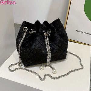 Plush Bucket Crossbody Bags Chain Warm Solid Bags