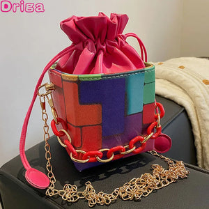 Graffiti Print Shoulder Bag Drawstring Chain Crossbody Square Bag